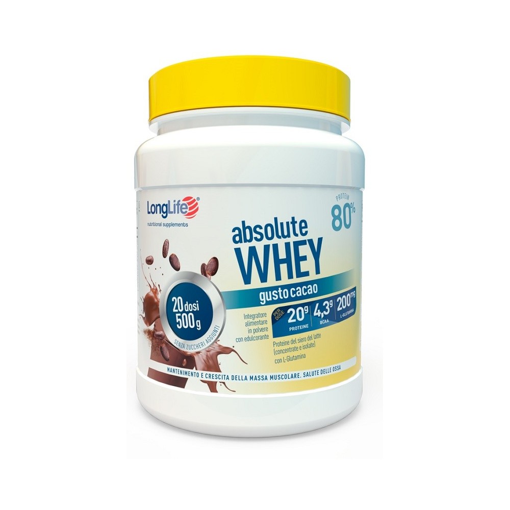 ABSOLUTE WHEY CACAO Gusto cacao integratore alimentare in polvere 500 g Long Life
