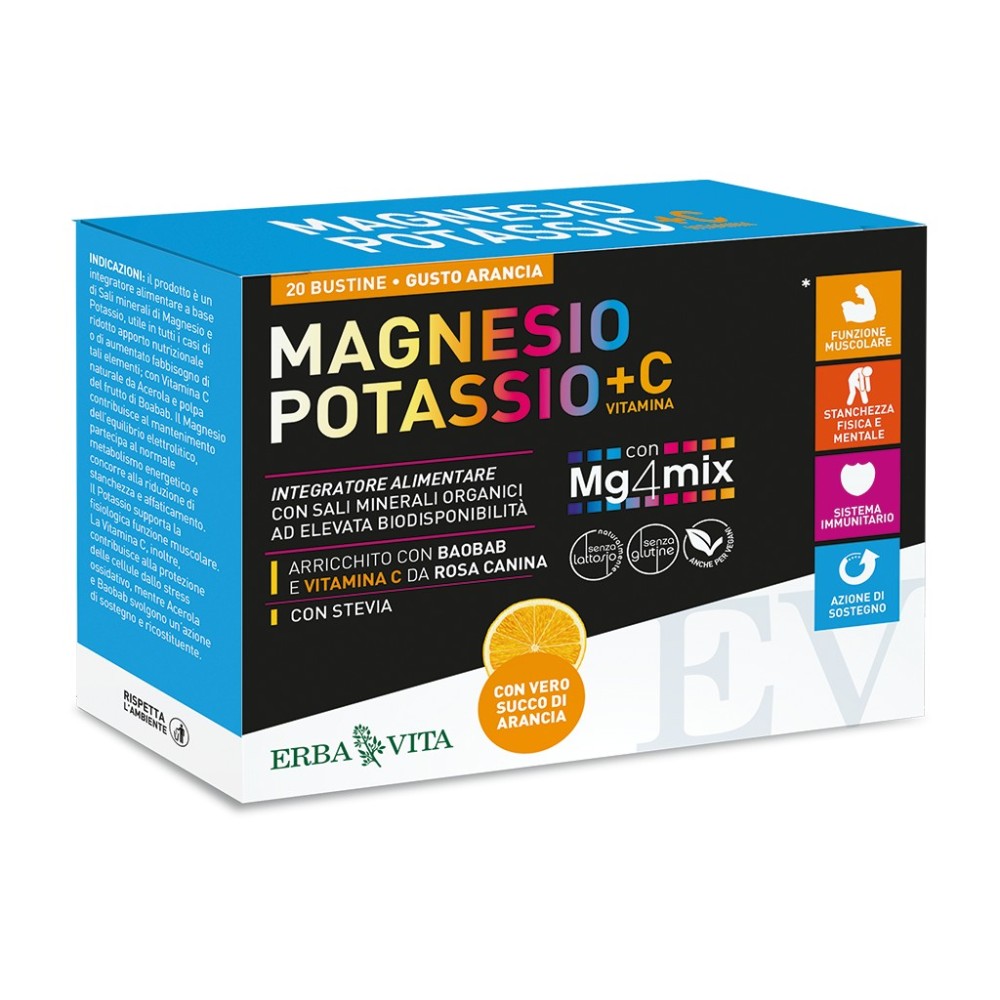 Integratore alimentare Magnesio Potassio + Vitamina C – Gusto Arancia 20 bustine Erba Vita
