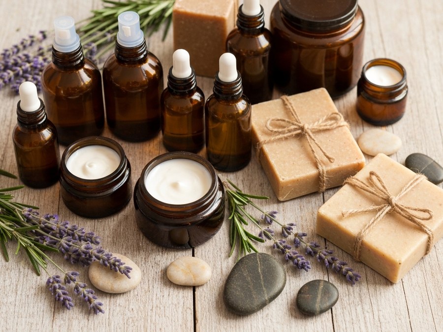 Prodotti di bellezza biologici e naturali, creme, sieri, oli essenziali su una superficie di legno chiaro